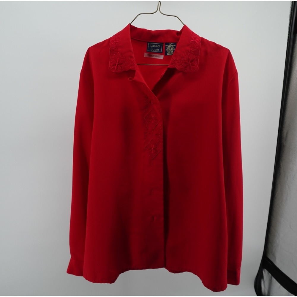 Laura Scott Red Embroidered Long Sleeve Button Down Blouse Top Women Size 10